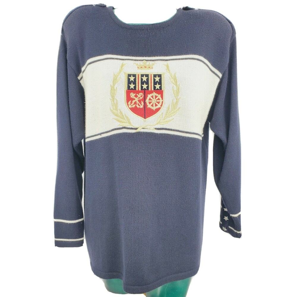 Nautical Preppy Old Money Vintage Embroidered Crest Knit Sweater Women's L